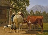 A Horse And Cow At A Well In The Background Mountain Peak Niesen Poster Print by Johann Jakob Biedermann (18 x 24)