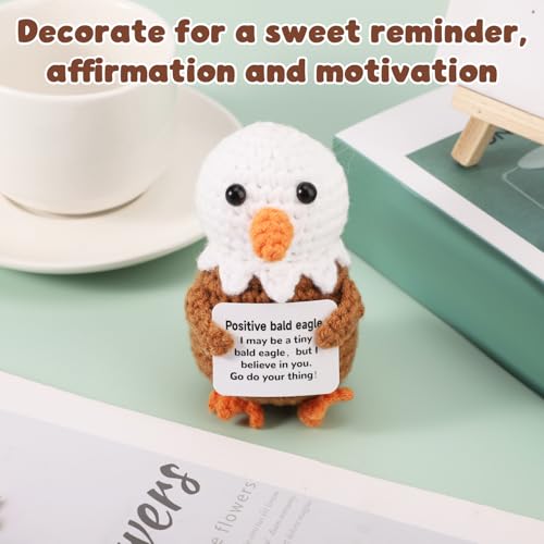 Image of TOYMIS Positive Bald Eagle Crochet, Cute Mini Crochet Bald Eagle with Encouragement Card Emotional Cheer up Knitted Toy Positive Support Knitted Animals for Adults Students