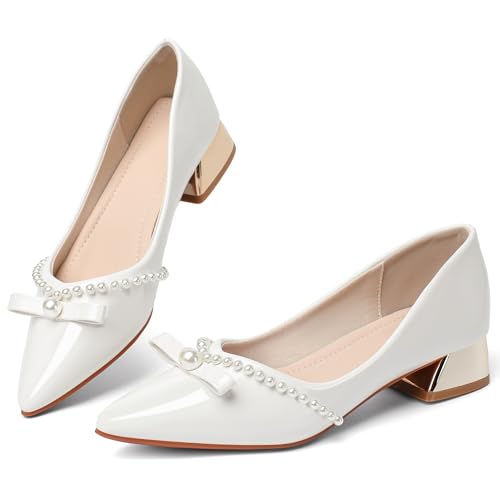 Womens Low Heel Comfortable Pearl Dress Wedding Shoes for Office Work Pumps