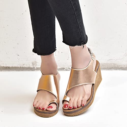 Orthopedic Bunion Corrector Sandals for Women Comfy Platform Wedges PU Leather Shoes Summer Ankle Strap Flip Flops Casual Walking Shoes,Gold,US7/EU383