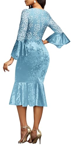 Image of Midi Lace Dress for Women Bodycon Dress Church Cocktail Party Clothes | Square Neck,Lace Bell Sleeve,Velvet Look,Mermaid Hem,Midi Dresses,Cocktail Party,Wedding Guest Party,Formal Event Outftis