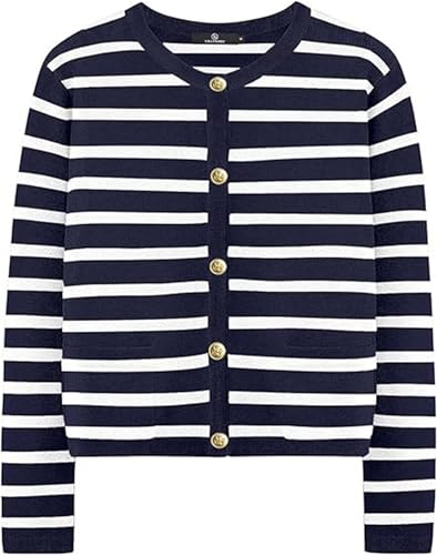 Women's Striped Cardigan Sweater Open Front Gold Button Down Cropped Knit Long Sleeve Crewneck Lady Jackets Coat