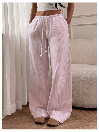Women's Striped Wide Leg Pants Drawstring Low Rise Baggy Lounge Pants with Pockets2