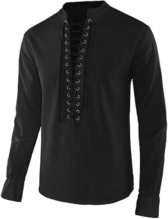 Mens Long Sleeve T Shirts Casual Drawstring V Neck Solid Medieval Vintage Shirt Fashion Outdoor Stage Costume Tee