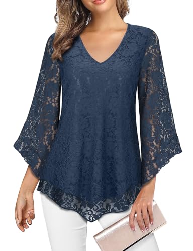 Viracy Womens Dressy Blouse V Neck Double Layers Elastic Mesh Casual Flowy Work Shirts Ruffle 3/4 Flared Sleeve Tunic Tops