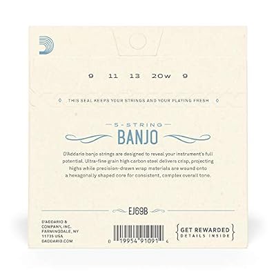 D'Addario Banjo Strings, Phosphor Bronze, EJ69B, Light Gauge 9-20, 5-String Set, Pack of 1