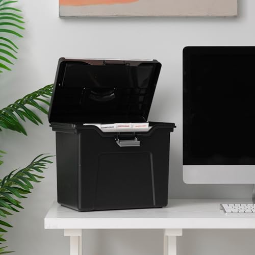 Image of IRIS USA File Box Organizer with Lid, Letter File, 4-Pack, Black | Carry letter size files, documents and paperwork with a portable handle and secure lid for organized storage on the go