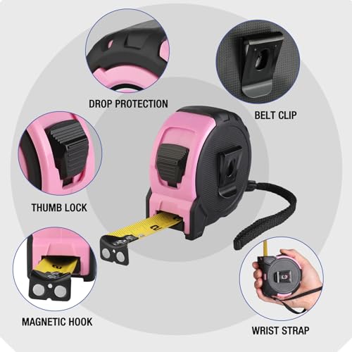 WORKPRO 25FT Pink Tape Measure, 1/8 Fractions Easy Read Measuring Tape, Retractable Nylon Coating Measurement Tape Accuracy 1/32, Magnetic Hook, Belt Clip, Rubber Protective Casing