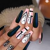 Yivaiks Black Press on Nails Long Coffin Matte Ballerina Fake Nails with Designs Artificial Nails Fingernails Kit 24pcs