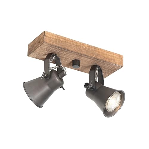 Qazqa - Rustic Spotlight Ceiling Black with Wood 2-Light Adjustable - Jelle- - Country - Suitable for LED GU10 | 2 Way Light - Wood Surface-Mounted spotway Light - Suitable for Living Room I Kitchen