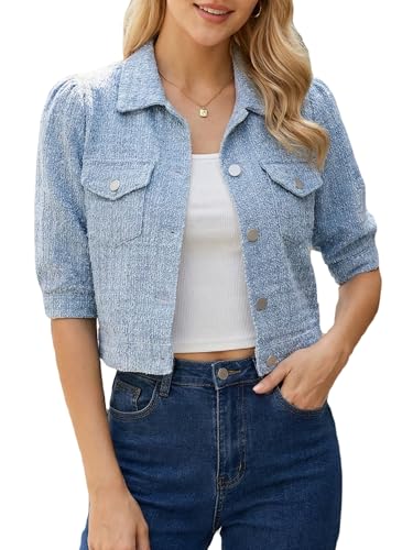 Allegra K Cropped Denim Jacket for Women Puff Sleeve Button Down Vintage Jean Jackets with Pockets Light Blue M