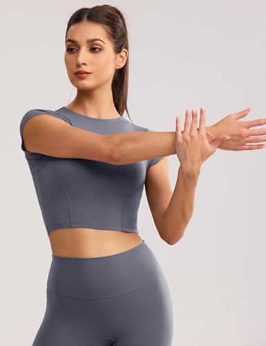 Image of ENERBLOOM Workout Crop Tops for Women Yoga Short Sleeve Removable Bra | Slim Fit, Mild Support, Crop T-Shirt, Mock Neck, Soft Comfort, High-Stretch, for Yoga,Gym & Daily Wear
