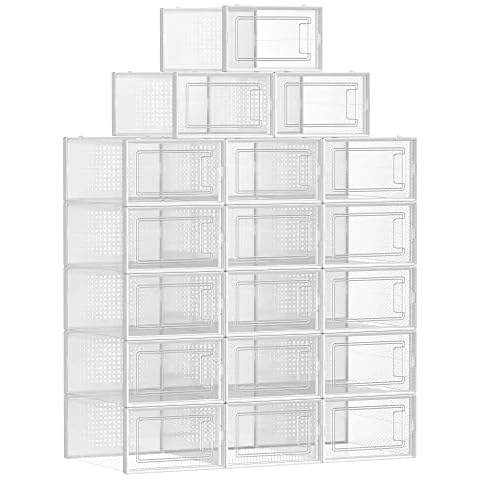 SONGMICS Schuhboxen, 18er Set Schuhkartons durchsichtig, faltbar und stapelbar, bis Größe 44, transparent-weiß LSP18SWT Cover