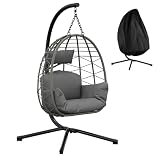 Zstar Fauteuil œuf Suspendu Pliable avec Support en métal – Rotin résistant – Coussins imperméables lavables – Dossier Ergonomique – avec Housse Anti poussière – pour Jardin, Balcon, terrasse – Gris