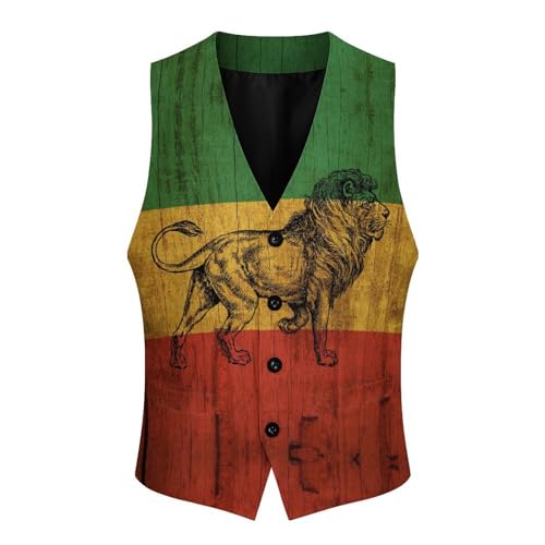 Jamaican Rasta Lion Wooden Flag Formal Suit Vest for Men with Pockets for Business Casual Dress Tuxedo Slim Fit3