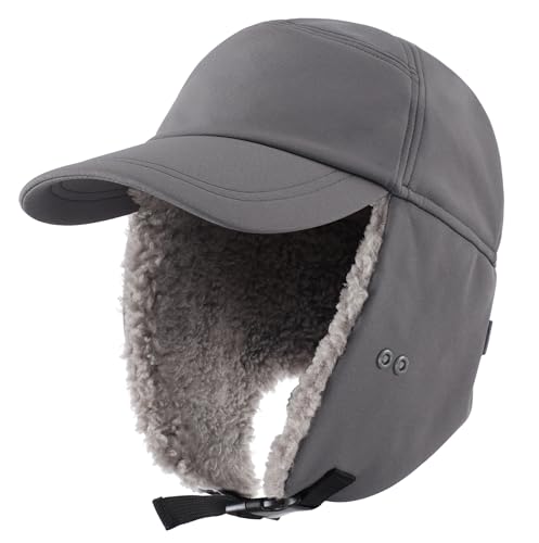 Connectyle Men's Winter Outdoor Cap with Ear Flaps Mask Trooper Trapper Hat Waterproof Cold Weather Aviator Warm Hat Grey