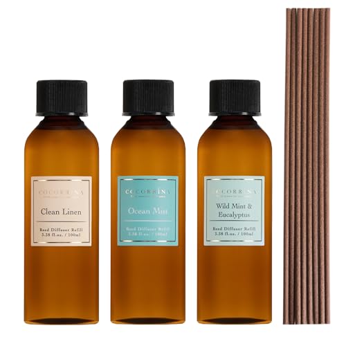 Image of Reed Diffuser Refill Set, 10.2oz Scented Oil Refill 3 Pack, Clean Linen, Ocean Mist, Eucalyptus & Moss, Long Lasting Oil Diffuser Refill with 18 Sticks for Bathroom & Bedroom