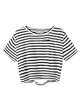 Avanova Women Striped Short Sleeve Crop Top Oversized Distressed Ripped Tee Shirt Black Striped X-Large