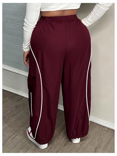 OYOANGLE Women's Plus Size Contrast Binding Cargo Pants Elastic Waist Wide Leg Baggy Parachute Trousers2
