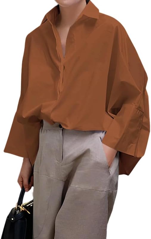 UOOZEE Womens Button Down Shirt Casual 3/4 Sleeve Loose Fit Collared Work Blouse Tops