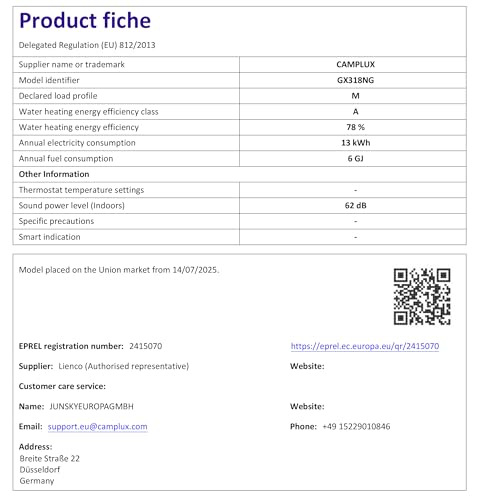 CAMPLUX Climitech 4 Gasdurchlauferhitzer Erdgas 12 L/Min, Indoor Gasdusche für Küche/Bad, 20 mbar, LPG, GX318NG