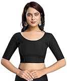 Accessorize Kingdom Women's Dobby Pure Cotton Elastin Stretchable Readymade Round Neck Elbow Length Sleeves Blouse Choli Stylish Saree Blouse (Black, 32-36)