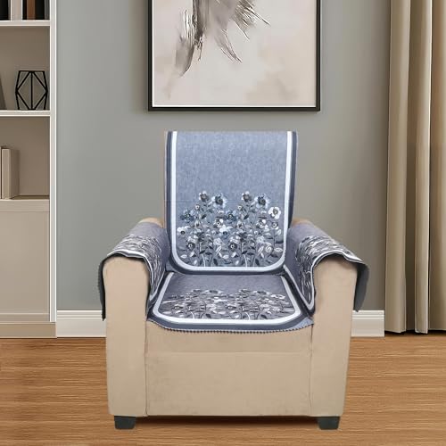 Image of Velvet 3 Seater Sofa Cover with 6 Seat and Back Covers, 2 Hand Rest Covers - Floral Design - Washable Fabric - Stylish Sofa Cover for Modern Living Room (Grey, 3 Seater With Arm Cover)