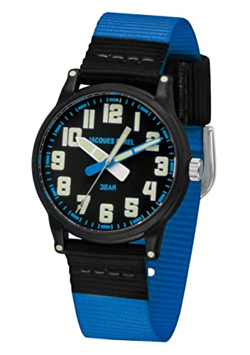 JACQUES FAREL Reloj de pulsera para niños y jóvenes, analógico, de cuarzo, con correa de tela azul y negro y elementos luminosos KLM 02, azul Cover