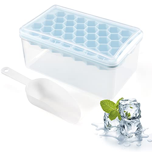 Eiswürfelbehälter BPA-freie Eiswürfelform mit Deckel und Box Silikon Eiswürfelform mit 37 Eiswürfeln wird mit Schaufel und Deckelverschluss Eiswürfelschale für Gefrierschrank Geliefert (Blau) Cover
