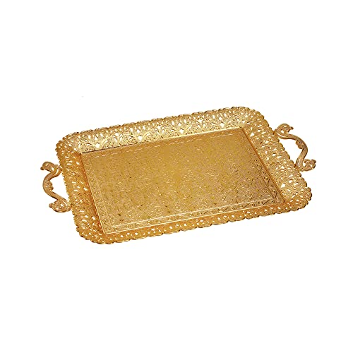 DESTALYA Tablett 35.5 x 27.5 cm Frühstückstablett Teller Servierplatte für Kaffee Tee Getränke Rechteck Zamak Türkisches Ottoman Tepsi Gold Cover