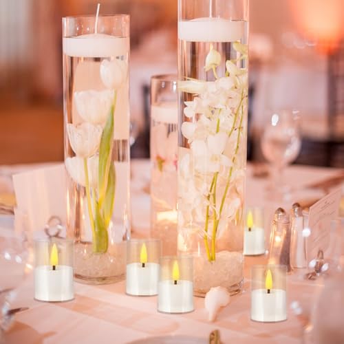 Image of 12 Pack LED Tea Light Candles, 3D flameless Flickering Candles | Battery powered, with remote control and timer, transparent acrylic, perfect for weddings, parties, and home decor (white)