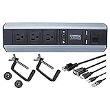 Desk Edge Mount Design with Clamps | Easy installation: no holes and no tools needed Features 3 Power outlets, 1 VGA, 1 HDMI, 1 CAT6 RJ45 Data, 2 USB Passthrough Power and Data Center perfect for home and office installations. Rated Voltage: 115V | M...