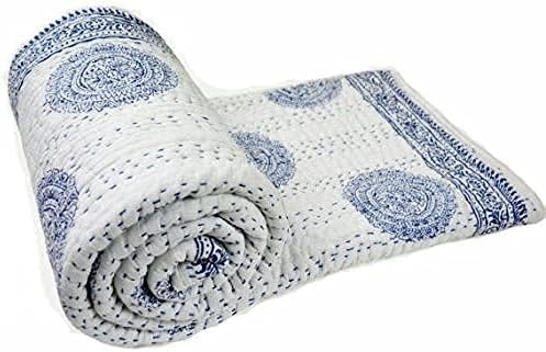 Crafts Creation Queen Size Kantha Quilt, Indian Kantha Quilt, White Cotton Blanket, Handmade Bedspread, Hand Block Print, 100% Cotton Bedspread Blanket Throw (Twin)