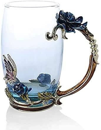 Kaffeetassen aus Glas mit Blumenmotiv, Emaille-Glastasse, Emaille-Teetasse aus Blumenmotiv, Kaffeetasse aus Glas, Kristallglas, 3D-Blumentassen, Teetasse mit Frauenmotiv, Kaffee, Tee, Saft, Bier, Milc