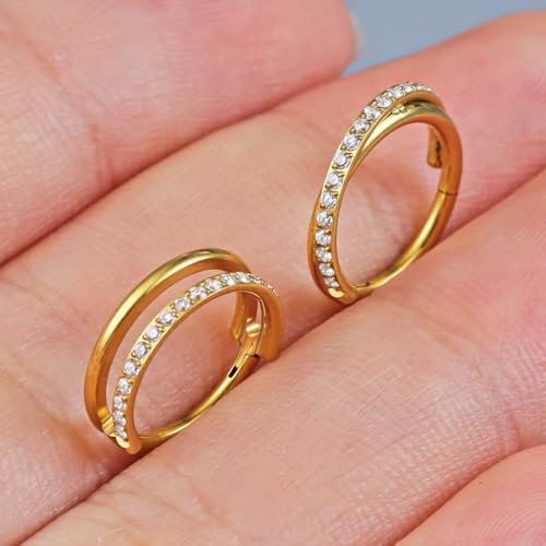 2pcs Double Loop Titanium Nose Rings,16g 8/10mm Double Hoop ASTM F136 septum rings Cartilage Helix Daith Rook Earring Hinged Septum Segment Ring Clicker Piercing Silver-Gold2