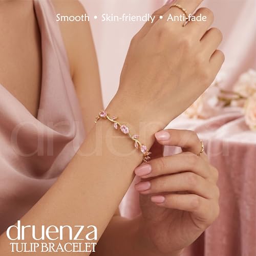 Image of druenza Tulip Bracelet for Women Stylish | Gold Plated Floral Crystal Jewellery | Elegant Adjustable Chain Bracelet for Girls Stylish | Trendy Daily Wear Party Jewelry Gift for Women & Girls