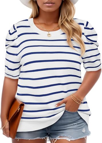 Image of Beautife Womens Plus Size Short Puff Sleeve Sweater Tops Lightweight Striped T Shirts Summer Casual Crew Neck Knit Pullover