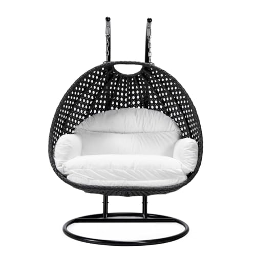 Image of Double Seater Hammock Swing Chair with Stand & Cushion | Heavy Duty Powder Coated Steel Frame | Outdoor Indoor Hanging Swing for Patio Balcony Garden Terrace Living Room (Black-White)