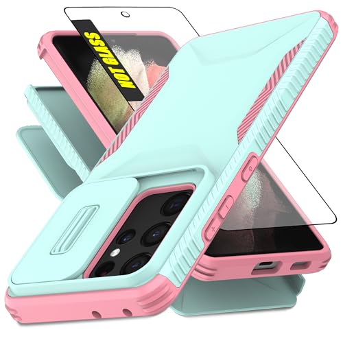 AWZHYDT for Samsung S21 Ultra 5G Case with 1 HD Screen Protector & Slide Camera Cover [Military-Grade] Phone Case Heavy Duty Rugged Shockproof Protective Cover for Samsung Galaxy S21 Ultra(Cyan/Pink)