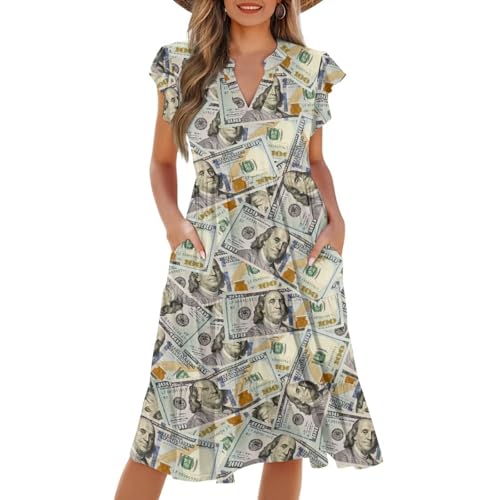 Image of Women's Casual Ruffle Sleeve Dress V Neck Pullover Dress Flowy A-Line Pleated Lightweight Dress with Pockets