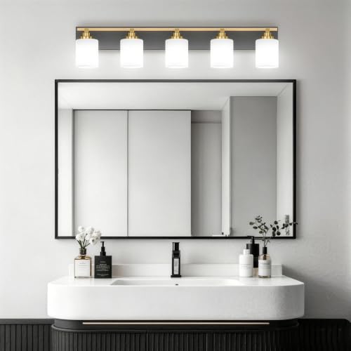 Image of Modern Bathroom Lighting Fixtures Over Mirror, Vanity Lights for Bathroom, Wall Sconces with Milky White Glass Shades, E26 Ceramic Socket, 5-Light 35.4-inch Black and Gold