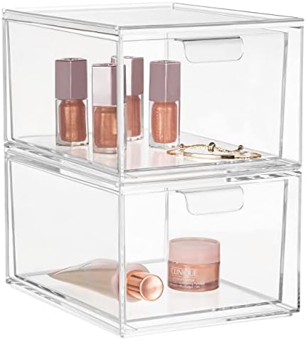 HBlife Pack of 2 Stackable Makeup Organizer Drawers Clear Plastic Bathroom Organizers Comestic Container Organization and Storage Bins for Vanity