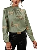 Onsoyours Blusen Damen Elegant Langarmshirts Mit Leopardenmuster Tops Pullover Stehkragen Oberteil Einfarbig Tunika Hemd Casual Arbeit Shirt Grün M