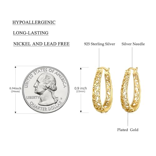 BISAER Gold Plated Filigree Hoop Earrings, 925 Sterling Silver Vintage Vine Earrings For Women Original Design Hypoallergenic Ear Jewelry Gift3