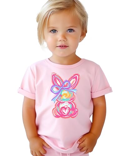 Colorful Painted Easter Bunny & Bow Shirt for Girls Spring Coquette Tee for Kids2