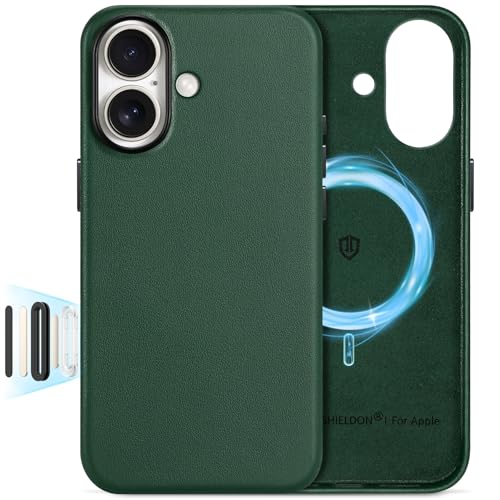 Image of SHIELDON Genuine Leather Case for iPhone 17 6.3 inch 2025, Midnight Green | for MagSafe, Magnetic Wireless Charging, Camera Button, Metal Buttons, Camera Bezel, Non-Slip, Shockproof, Anti-Scratch, Slim