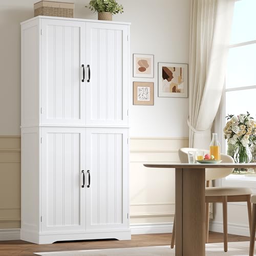 HOCSOK Buffet Cuisine, Meuble de Cuisine avec 4 Portes et Manche en Argent, 180×80×40 cm, Armoire Chambre avec 6 Compartiments pour Salle à Manger, Moderne, Blanc