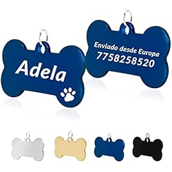 Petaccom Chapa Hueso para Mascotas Medianas-Grandes, 40 x 21 mm Hueso Chapa Perro, Etiquetas de Perro Personalizada Grabado para Mascotas, Acero Inoxidable, Azul/Plata/Negro/Dorado