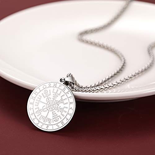 Faithheart Viking Compass Pendant Necklace, Stainless Steel Mens Norse Vegvísir Jewelry With Sturdy 24 Inch Wheat Chain Durable Clasp Nordic Vikings Amulet Compass Charms-Silver #TOP6