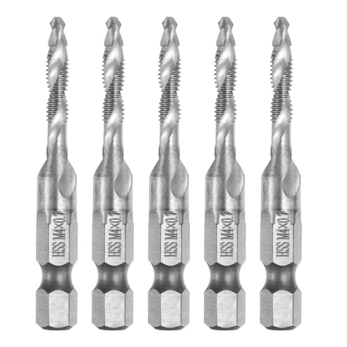 QUARKZMAN 5 Piezas Barrenas de Taladro y Roscado Combinadas Métricas M4 x 0.7 Rosca Vástago Hexagonal de 1/4' 4341 Acero de Alta Velocidad Machuelos de Roscado